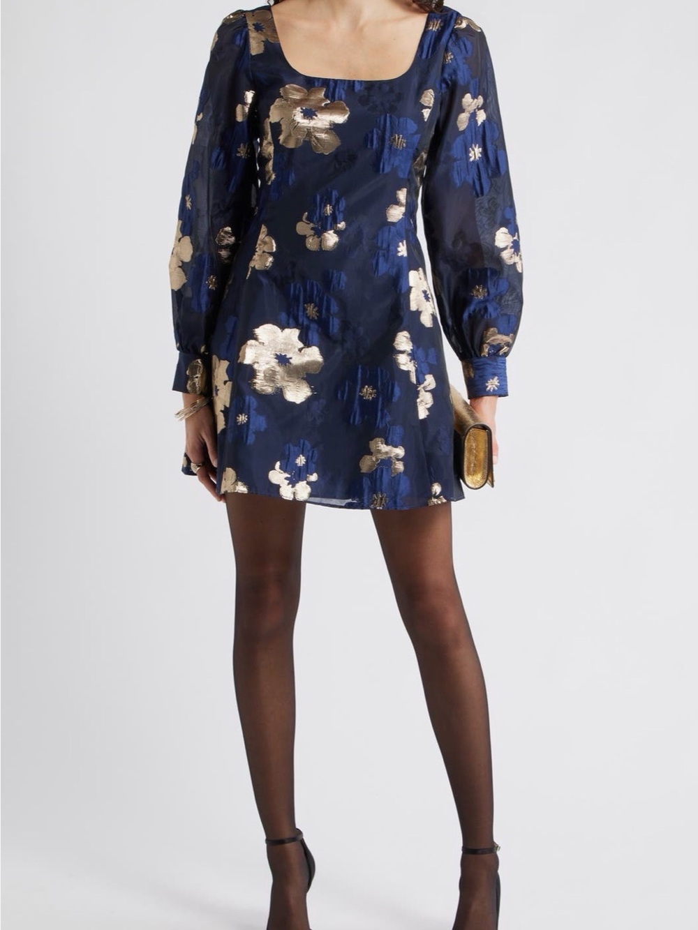 Chelsea28 Navy and Gold Metallic Floral Square-Neck Mini Dress